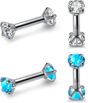 Zysta Small Rhinestone Clear Blue Cubic Zirconia Barbell Earring Studs Mini Cute Tragus Helix Cartilage Ear Lobe Nose Piercing Straight Bar 16G Screw on Stainless Steel